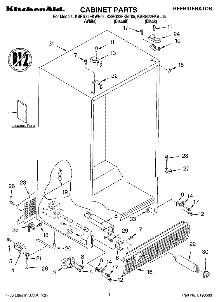 CABINET PARTS Diagram and Parts List for KSRG22FKBL05  KitchenAid Refrigerator