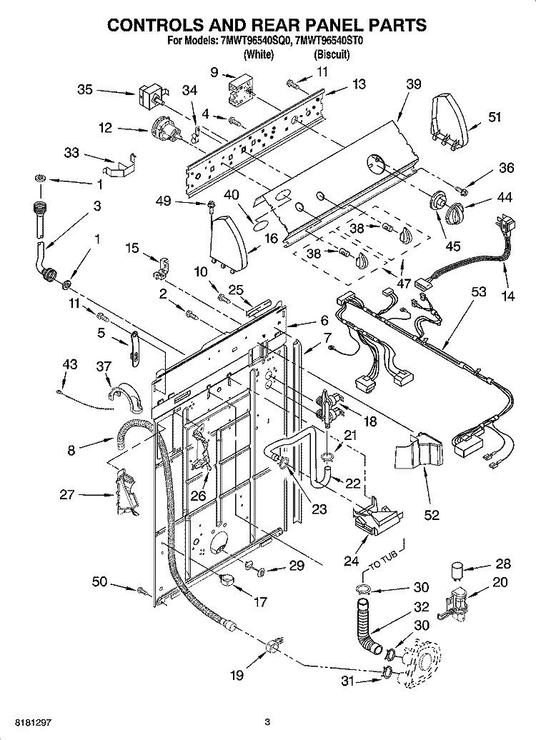 CONTROLS AND REAR PANEL PARTS Diagram and Parts List for 7MWT96540ST0  Whirlpool Washer