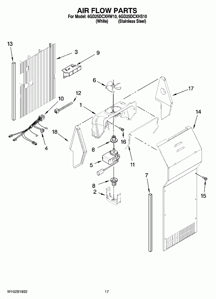 AIR FLOW PARTS Diagram and Parts List for 6GD25DCXHS10  Whirlpool Refrigerator