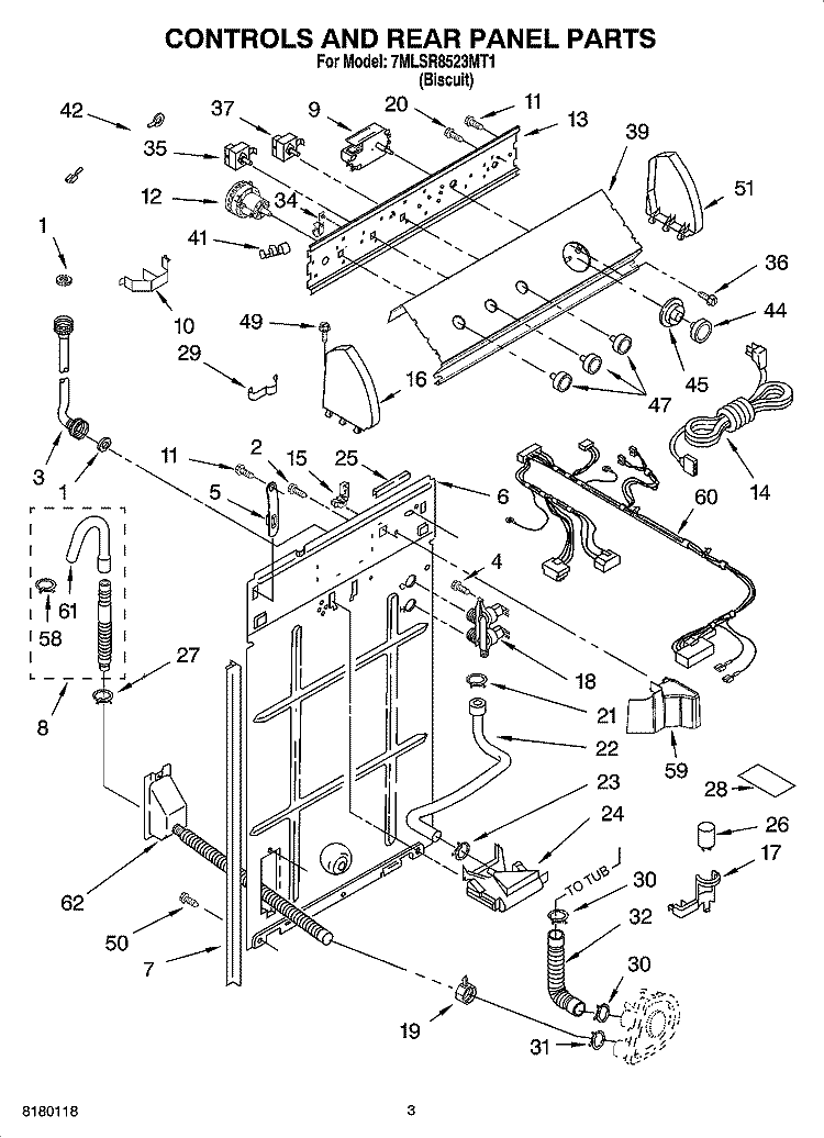 CONTROLS AND REAR PANEL PARTS Diagram and Parts List for 7MLSR8523MT1  Whirlpool Washer