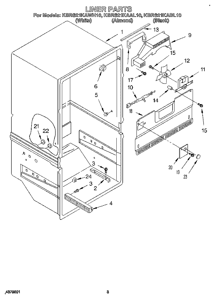 LINER Diagram and Parts List for KBRS21KABL10  KitchenAid Refrigerator