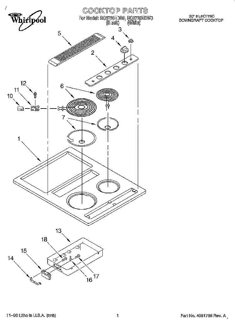 COOKTOP Diagram and Parts List for RC8720EDB0  Whirlpool Cooktop