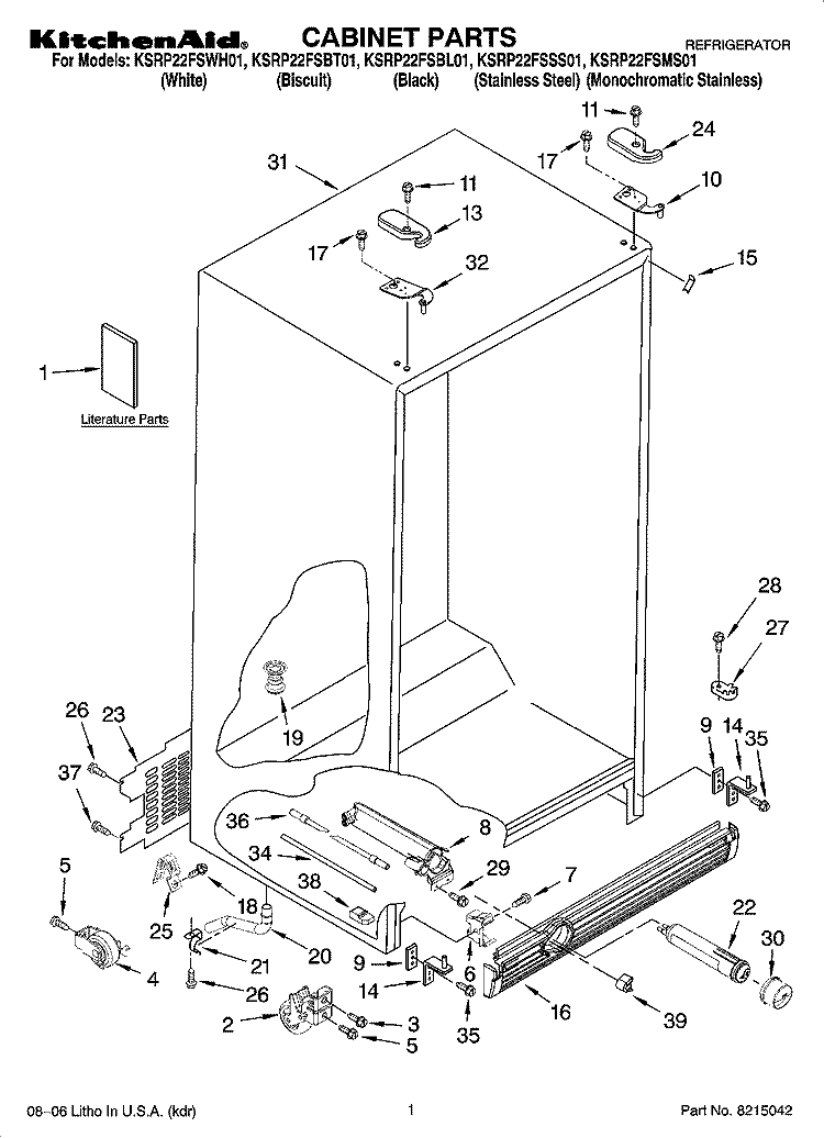 CABINET PARTS Diagram and Parts List for KSRP22FSBT01  KitchenAid Refrigerator