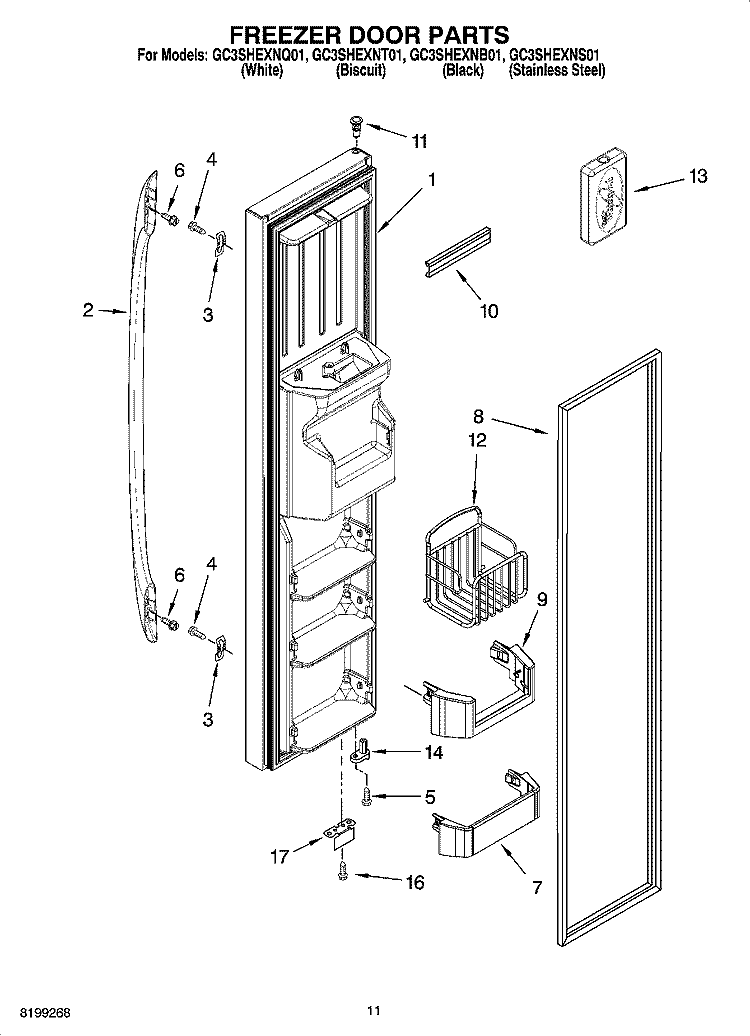 FREEZER DOOR PARTS Diagram and Parts List for GC3SHEXNB01  Whirlpool Refrigerator