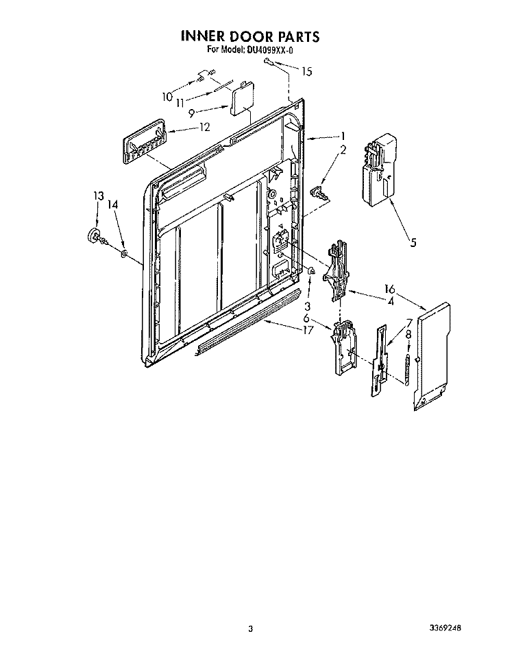 INNER DOOR Diagram and Parts List for DU4099XX0  Whirlpool Dishwasher