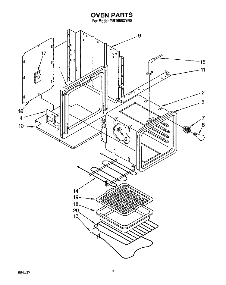 OVEN Diagram and Parts List for RB1005XYW0  Whirlpool Wall Oven