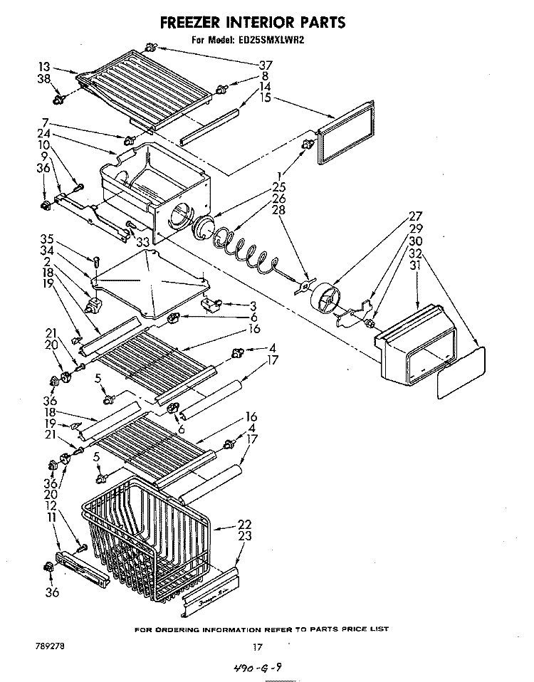 FREEZER INTERIOR Diagram and Parts List for ED25SMXLWR2  Whirlpool Refrigerator