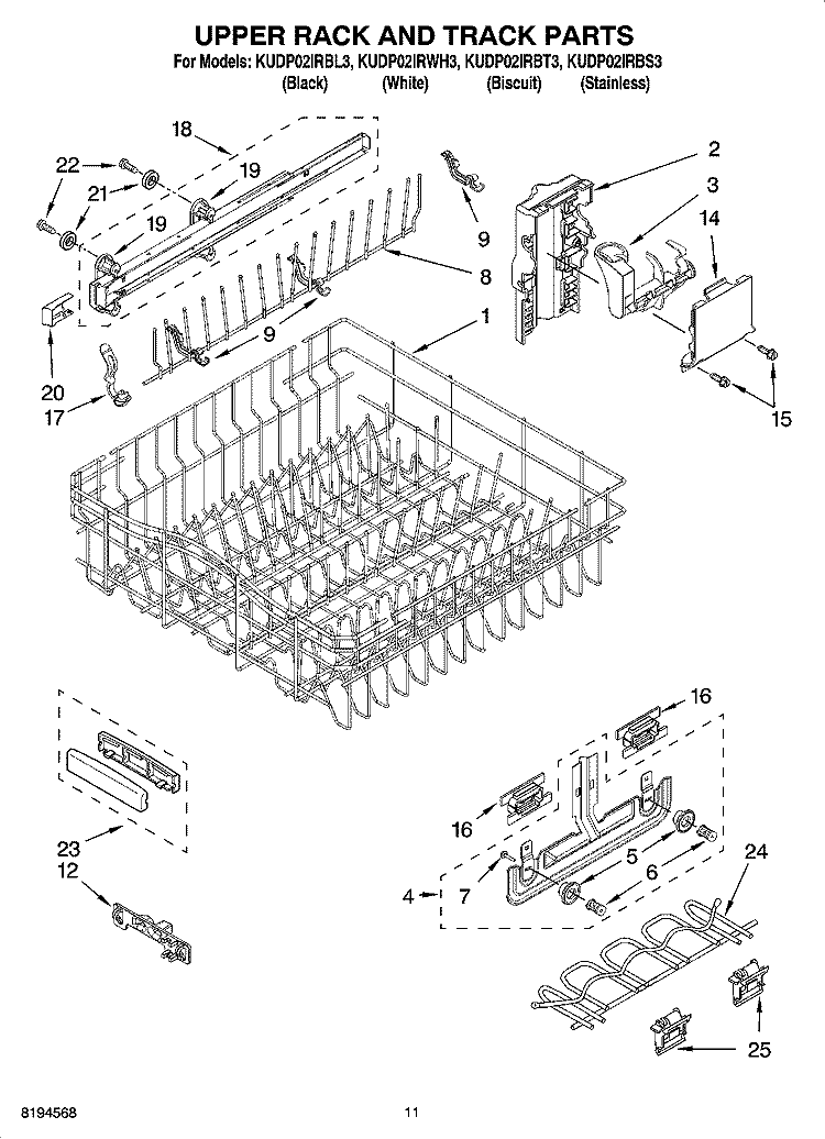 UPPER RACK AND TRACK PARTS Diagram and Parts List for KUDP02IRWH3  KitchenAid Dishwasher