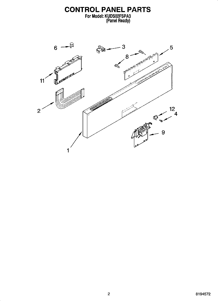 CONTROL PANEL PARTS Diagram and Parts List for KUDS02FSPA3  KitchenAid Dishwasher
