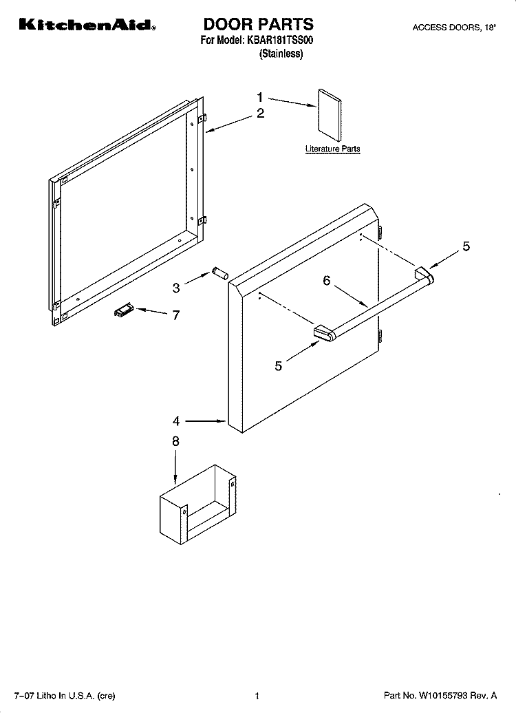 DOOR PARTS Diagram and Parts List for KBAR181TSS00  KitchenAid Wall Oven