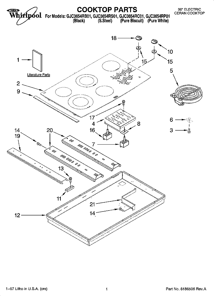 COOKTOP PARTS, OPTIONAL PARTS Diagram and Parts List for GJC3654RS01  Whirlpool Cooktop