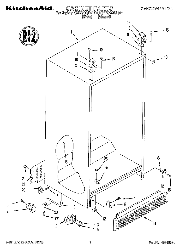 CABINET Diagram and Parts List for KSRS22QFWH00  KitchenAid Refrigerator
