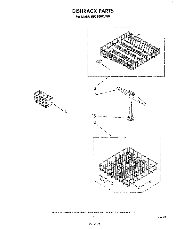 DISHRACK Diagram and Parts List for DP3800XLW0  Whirlpool Dishwasher