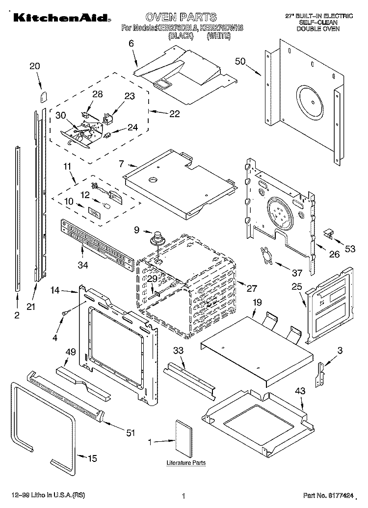 OVEN, LITERATURE Diagram and Parts List for KEBI276DBL8  KitchenAid Wall Oven