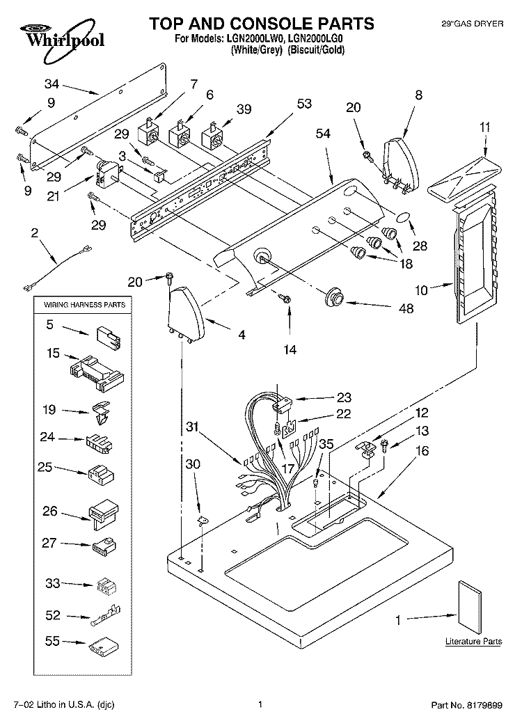 TOP AND CONSOLE, LITERATURE Diagram and Parts List for LGN2000LG0  Whirlpool Dryer