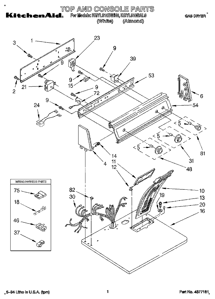 TOP AND CONSOLE, LIT/OPTIONAL Diagram and Parts List for KGYL510BWH0  KitchenAid Dryer