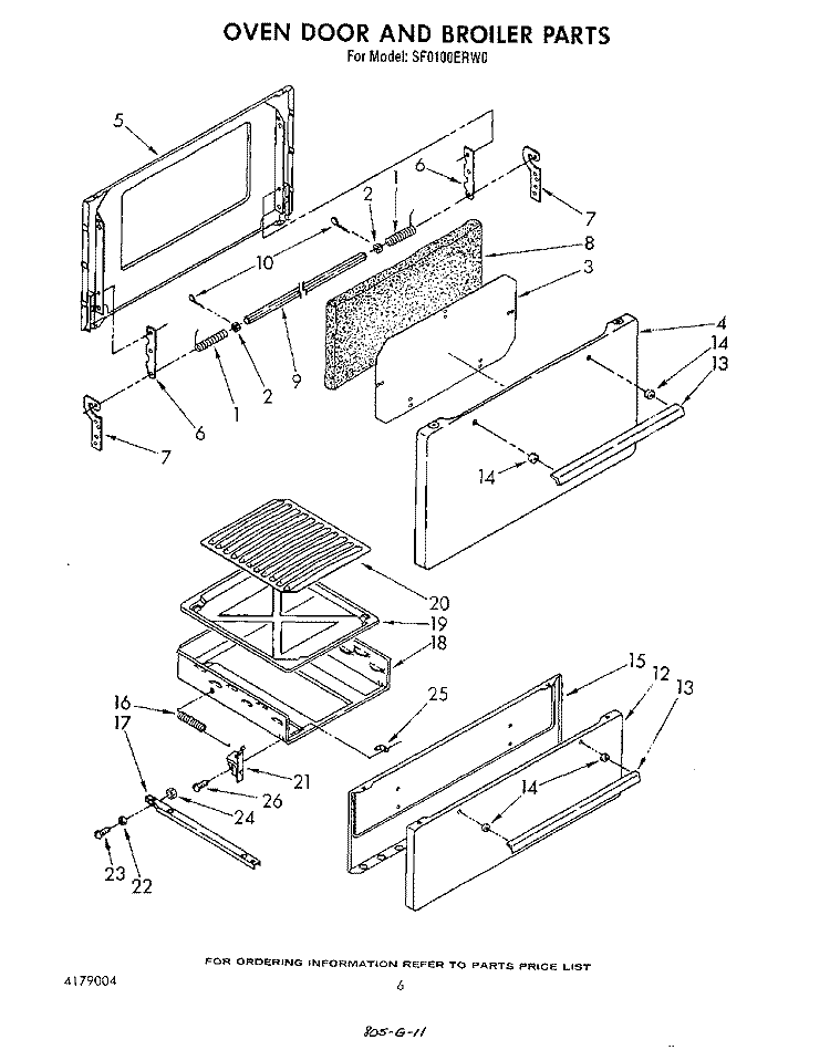 OVEN DOOR AND BROILER Diagram and Parts List for SF0100ERW0  Whirlpool Range