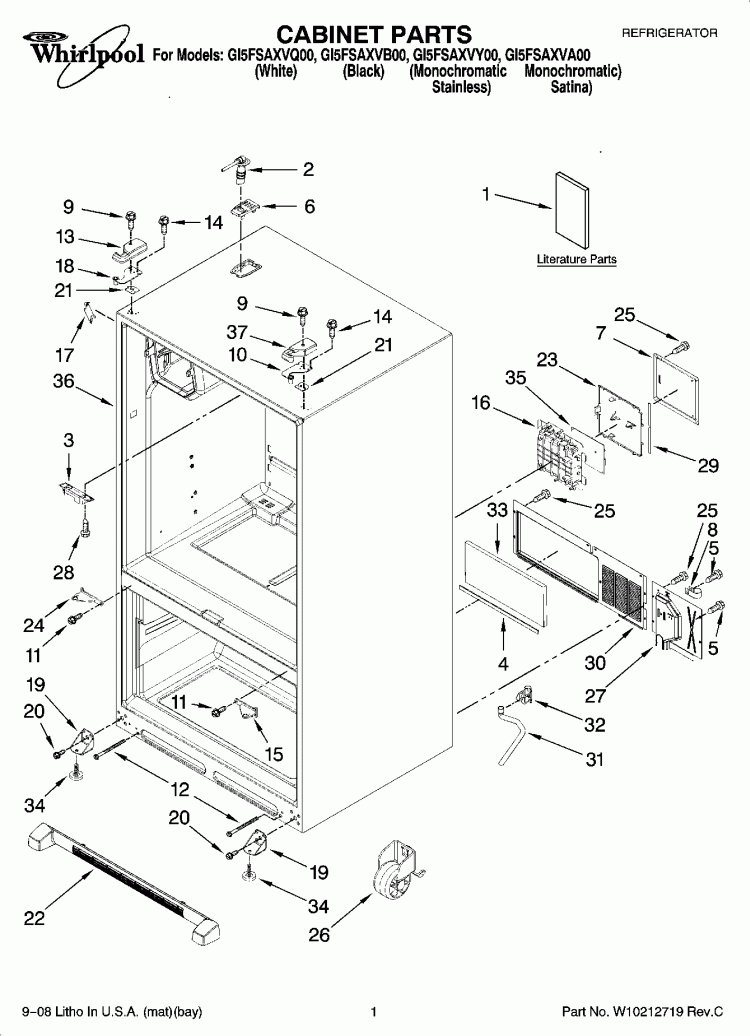 CABINET PARTS Diagram and Parts List for GI5FSAXVA00  Whirlpool Refrigerator
