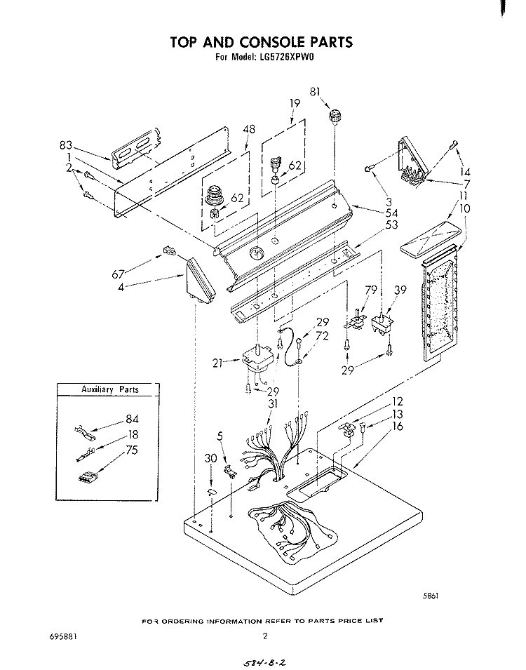 TOP AND CONSOLE , LITERATURE AND OPTIONAL Diagram and Parts List for LG5726XPW0  Whirlpool Dryer