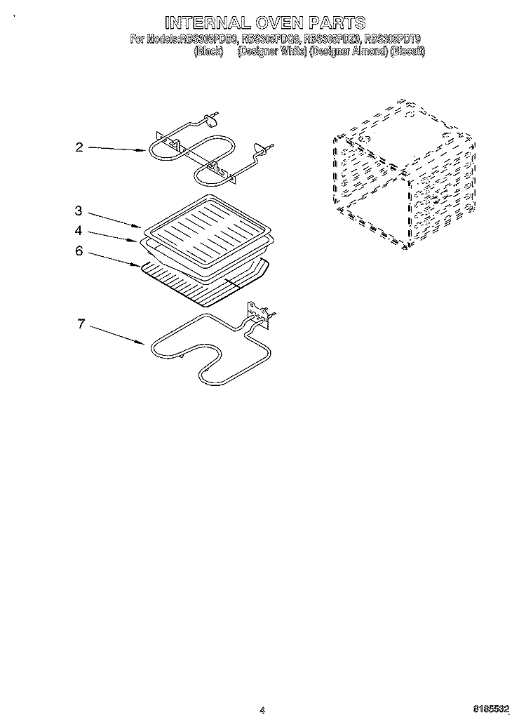 INTERNAL OVEN Diagram and Parts List for RBS305PDT9  Whirlpool Wall Oven