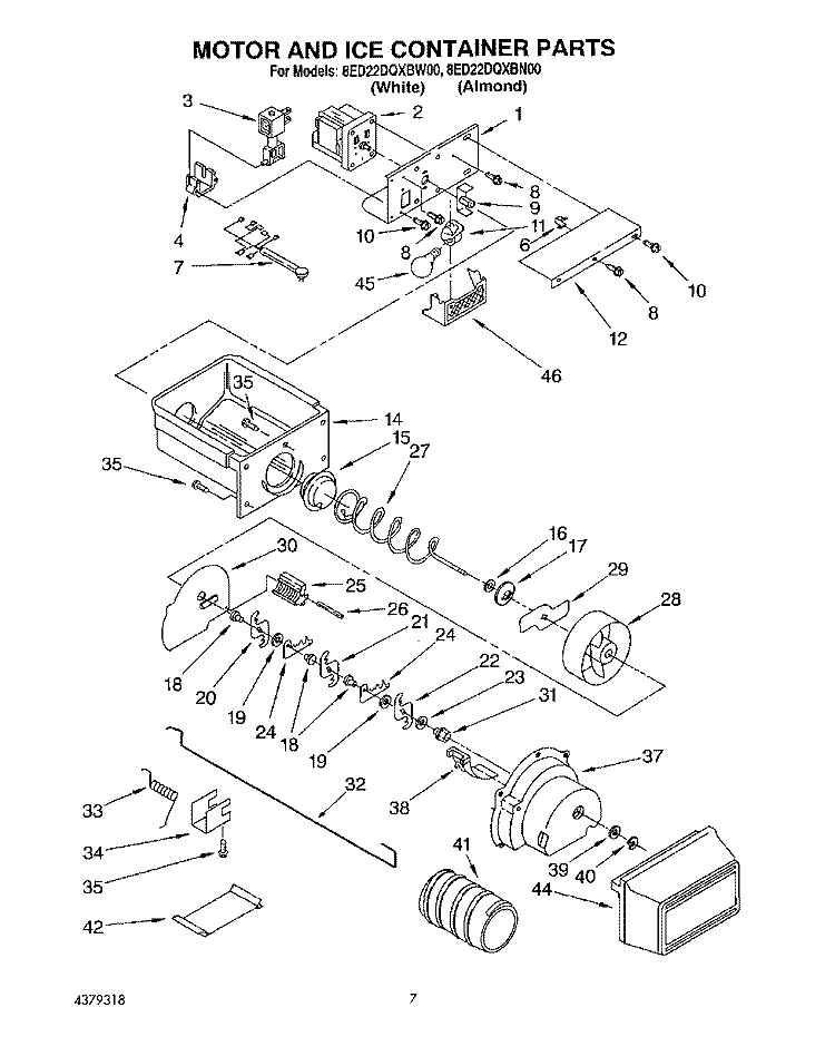 MOTOR AND ICE CONTAINER Diagram and Parts List for 8ED22DQXBN00  Whirlpool Refrigerator