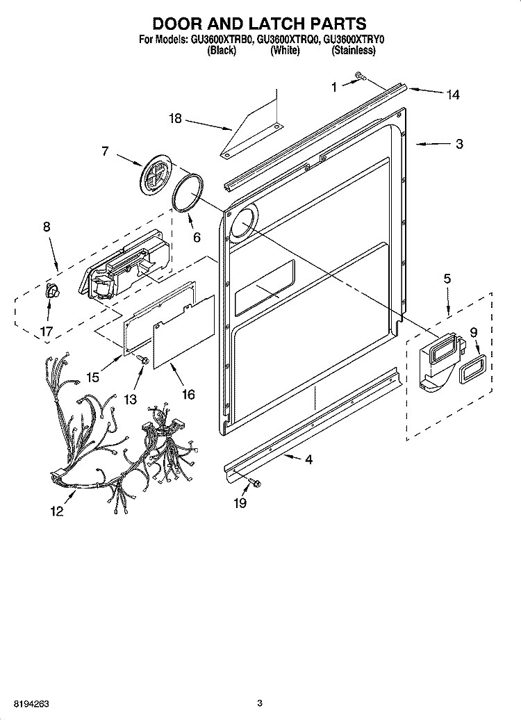 DOOR AND LATCH PARTS Diagram and Parts List for GU3600XTRQ0  Whirlpool Dishwasher