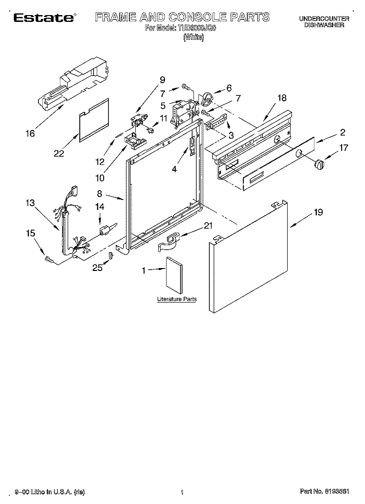 FRAME & CONSOLE, LITERATURE Diagram and Parts List for TUD6000JQ0  Estate Dishwasher