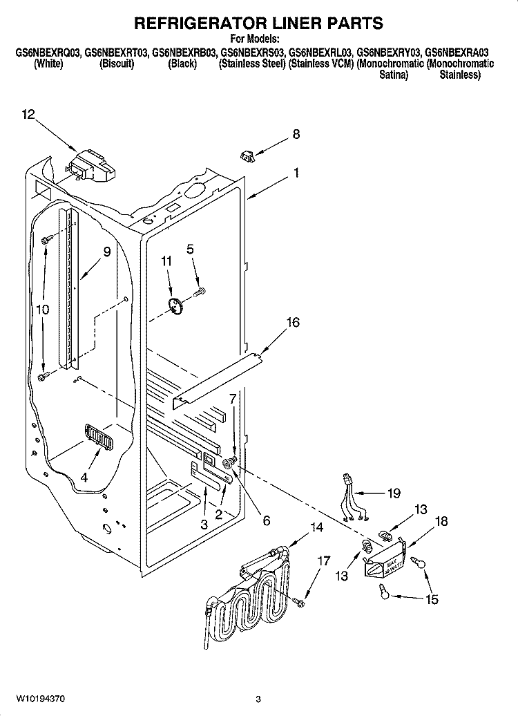 REFRIGERATOR LINER PARTS Diagram and Parts List for GS6NBEXRL03  Whirlpool Refrigerator