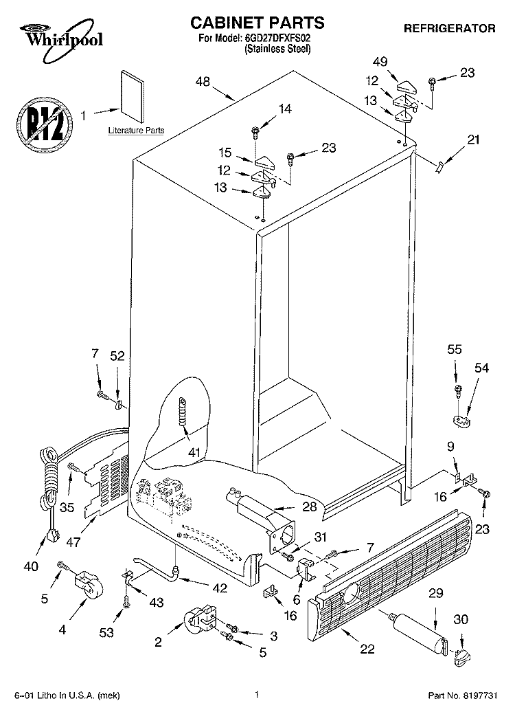 CABINET, LITERATURE Diagram and Parts List for 6GD27DFXFS02  Whirlpool Refrigerator