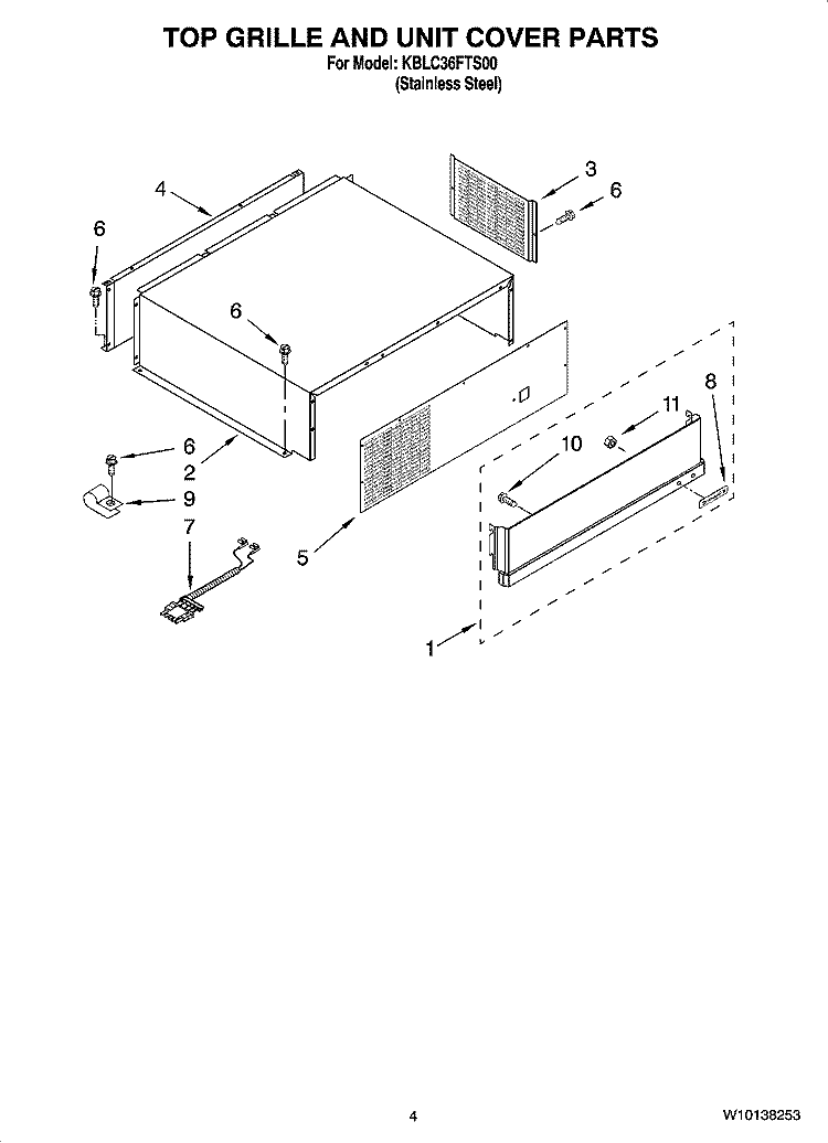 TOP GRILLE AND UNIT COVER PARTS Diagram and Parts List for KBLC36FTS00  KitchenAid Refrigerator