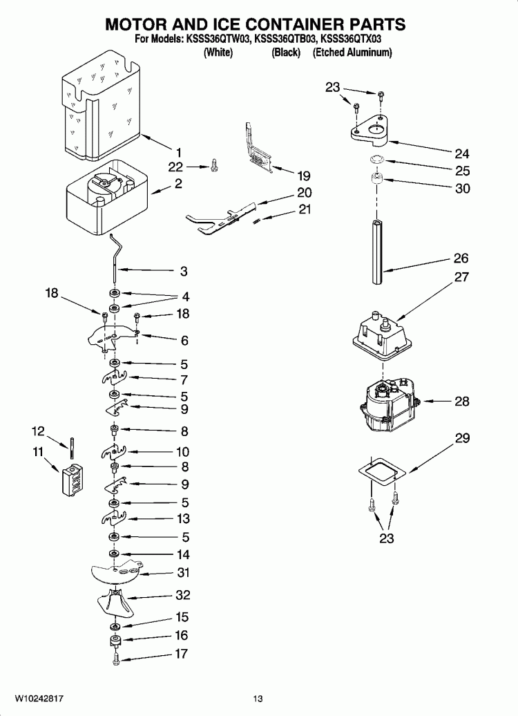 MOTOR AND ICE CONTAINER PARTS Diagram and Parts List for KSSS36QTB03  KitchenAid Refrigerator