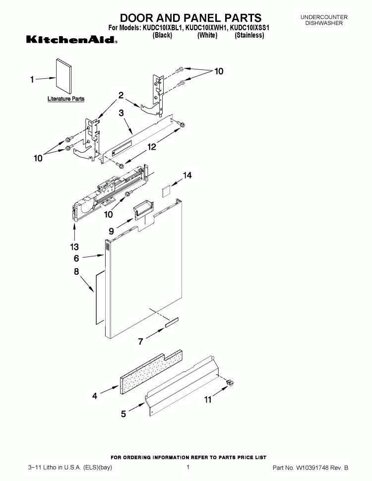 DOOR AND PANEL PARTS Diagram and Parts List for KUDC10IXWH1  KitchenAid Dishwasher