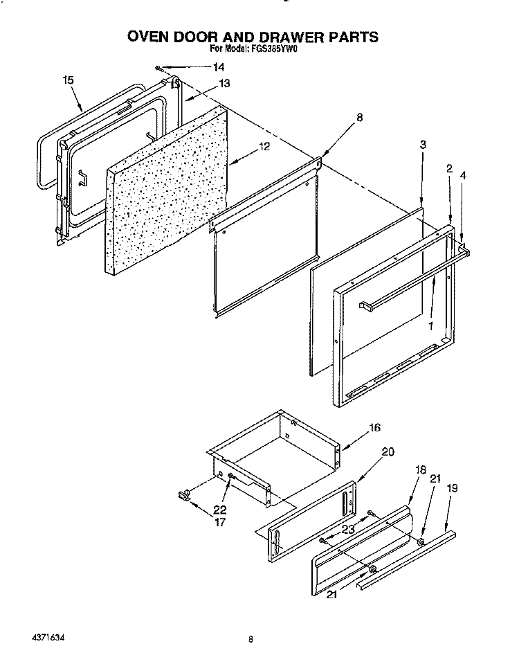 OVEN DOOR AND DRAWER Diagram and Parts List for FGS385YW0  Roper Range