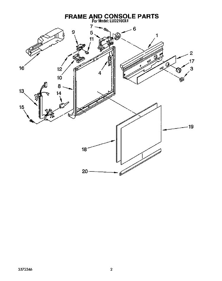 FRAME AND CONSOLE Diagram and Parts List for LUD2100X4  Whirlpool Dishwasher