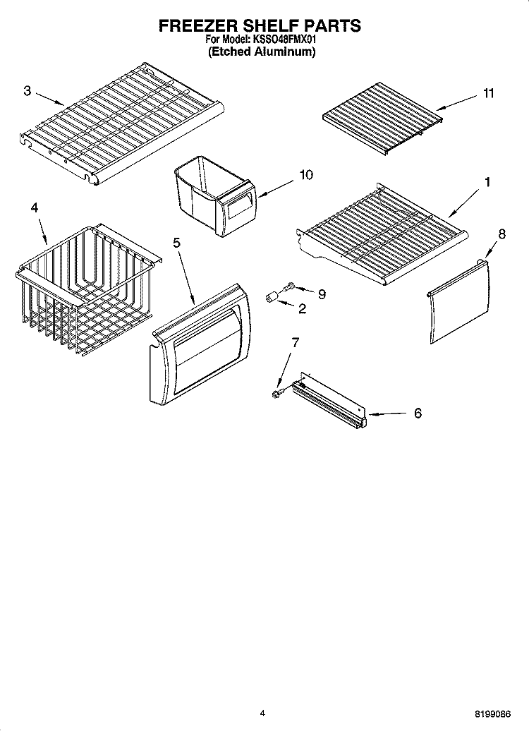 FREEZER SHELF PARTS Diagram and Parts List for KSSO48FMX01  KitchenAid Refrigerator