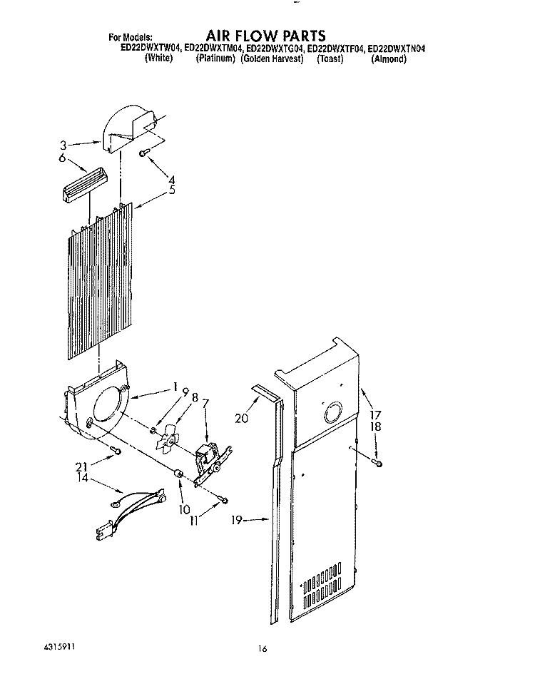 AIR FLOW Diagram and Parts List for ED22DWXTG04  Whirlpool Refrigerator