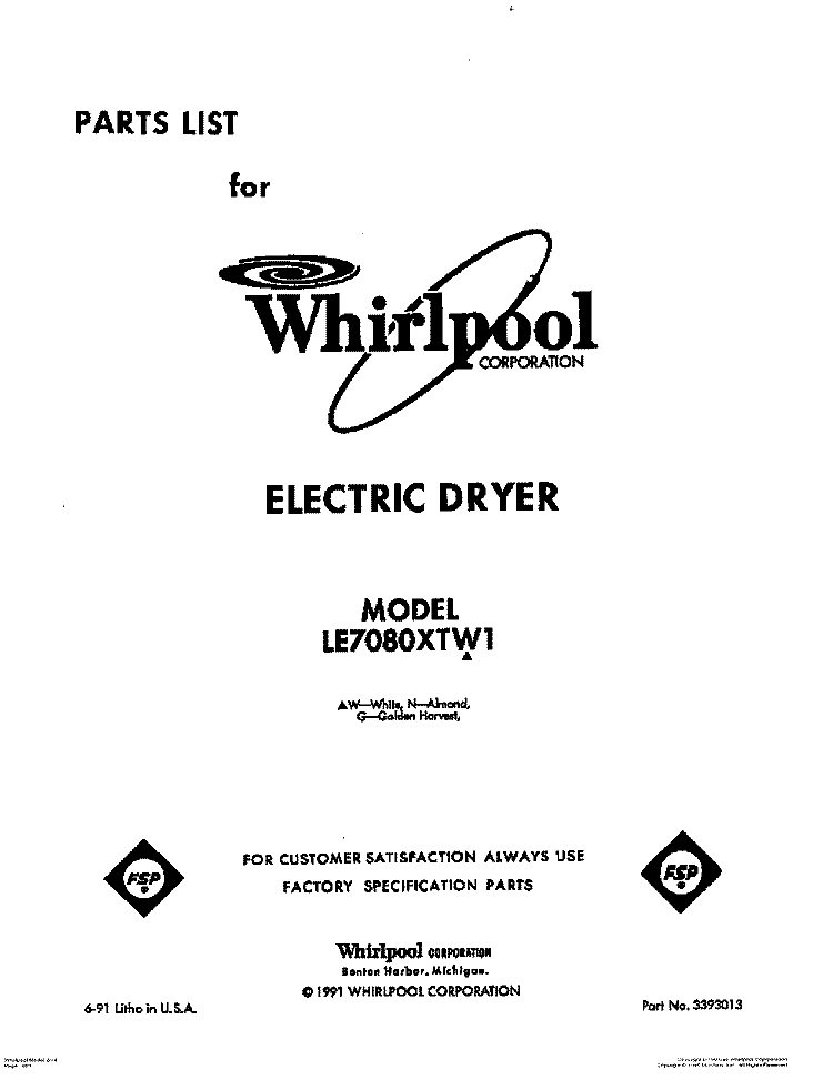 SECTION Diagram and Parts List for LE7080XTW1  Whirlpool Dryer