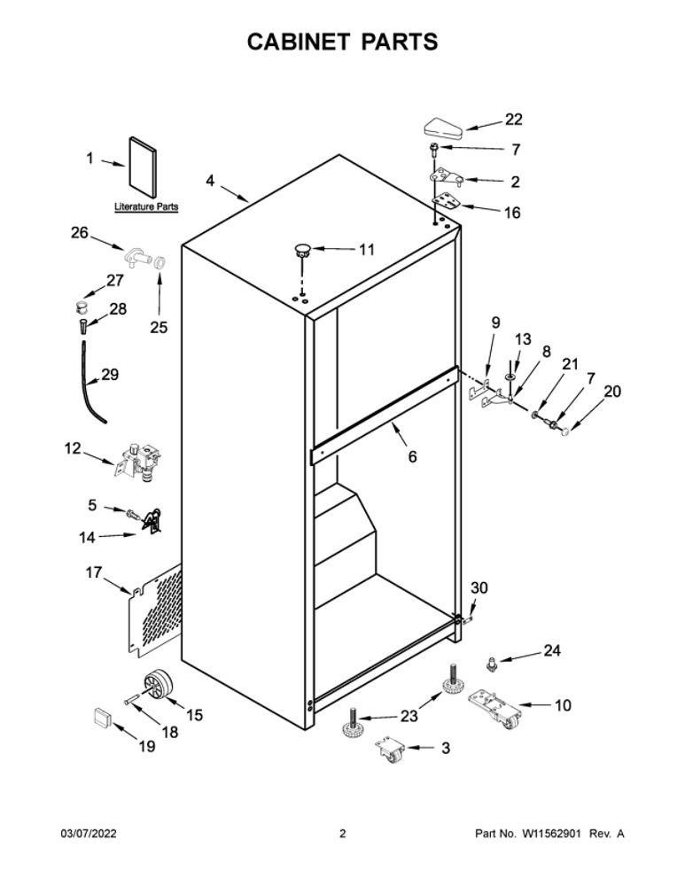 Cabinet Parts 1 Diagram and Parts List for WRT318FZDB07  Whirlpool Refrigerator