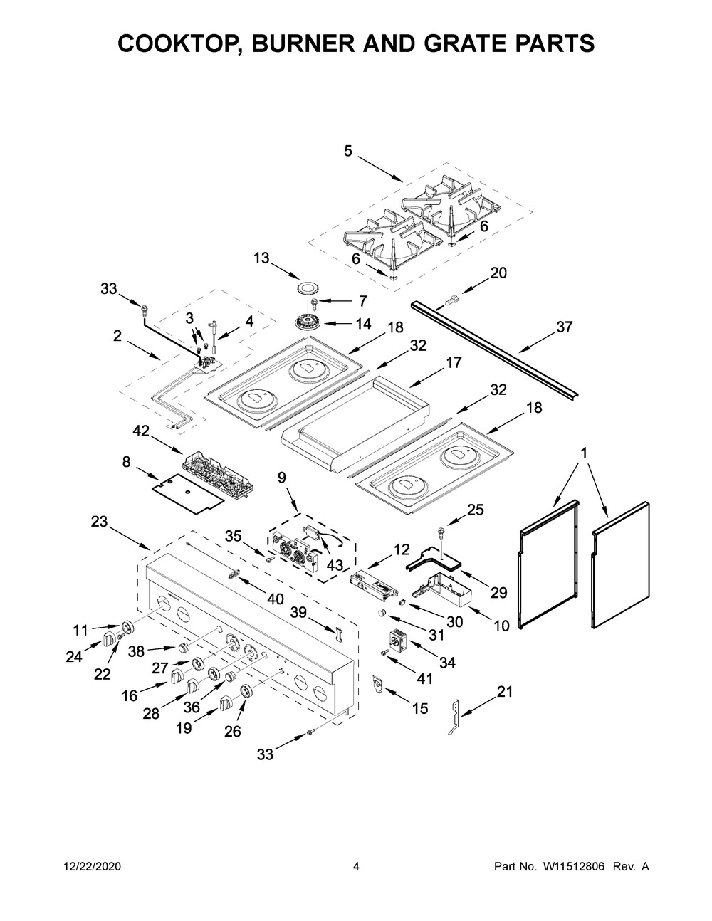 Cooktop, Burner And Grate Parts Diagram and Parts List for JDRP536HL01  Whirlpool Range