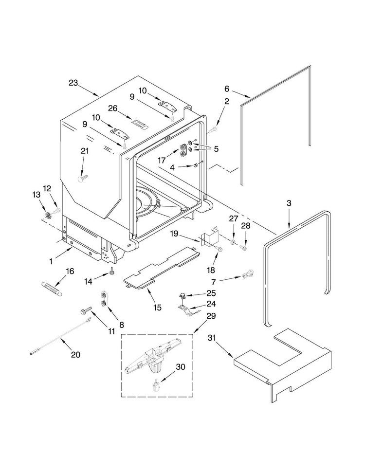 Tub And Frame Parts Diagram and Parts List for KUDS30IVSS1  KitchenAid Dishwasher