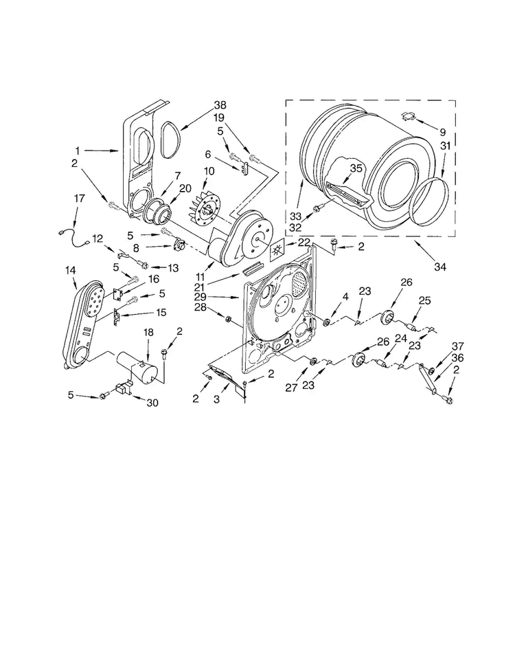 Bulkhead Diagram and Parts List for LGR3624JQ2  Whirlpool Dryer