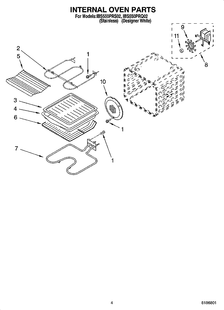 INTERNAL OVEN PARTS Diagram and Parts List for IBS550PRQ02  Whirlpool Wall Oven