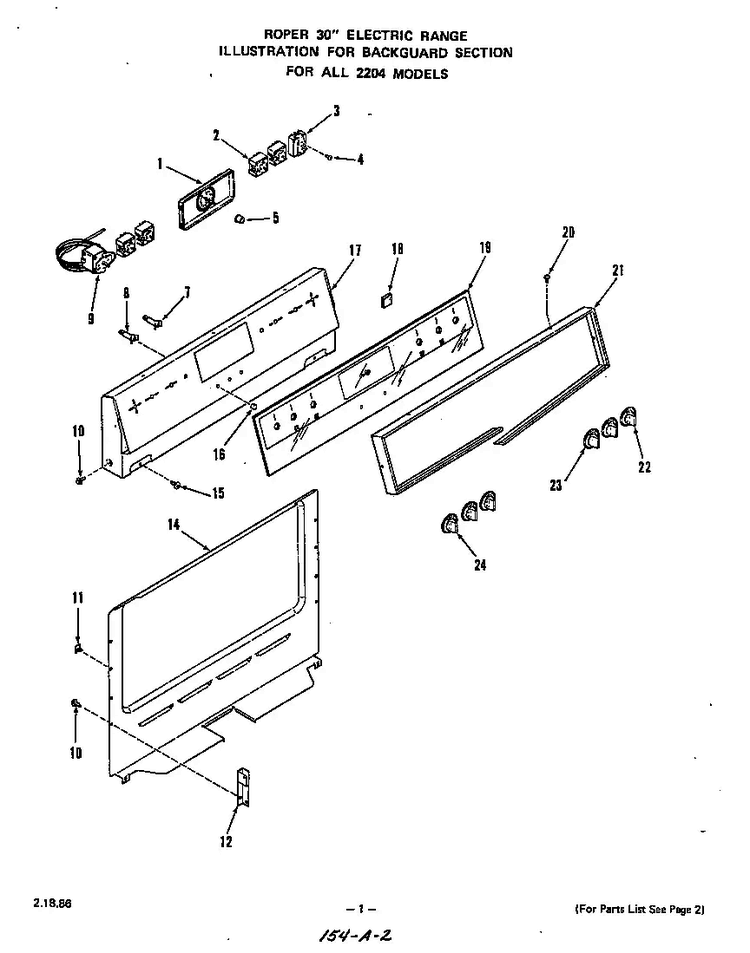 Backguard Diagram and Parts List for 2204*1A  Roper Range