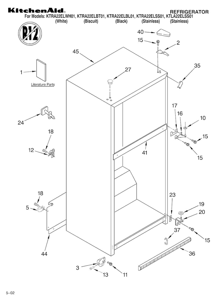 Cabinet/literature Diagram and Parts List for KTRA22ELBT01  KitchenAid Refrigerator