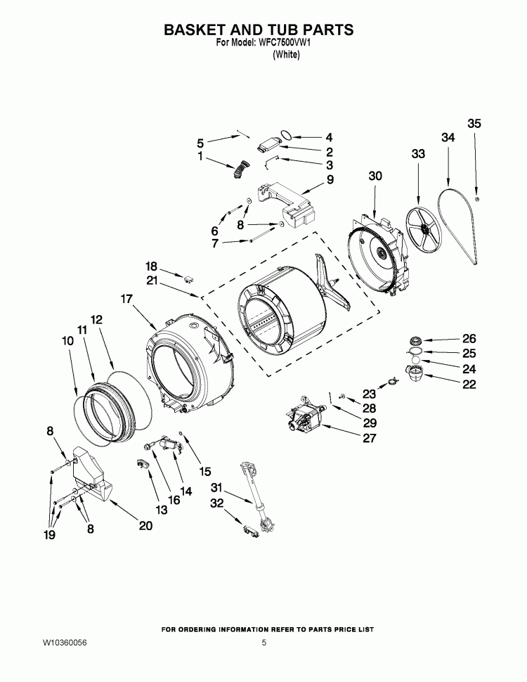 BASKET AND TUB PARTS Diagram and Parts List for WFC7500VW1  Whirlpool Washer