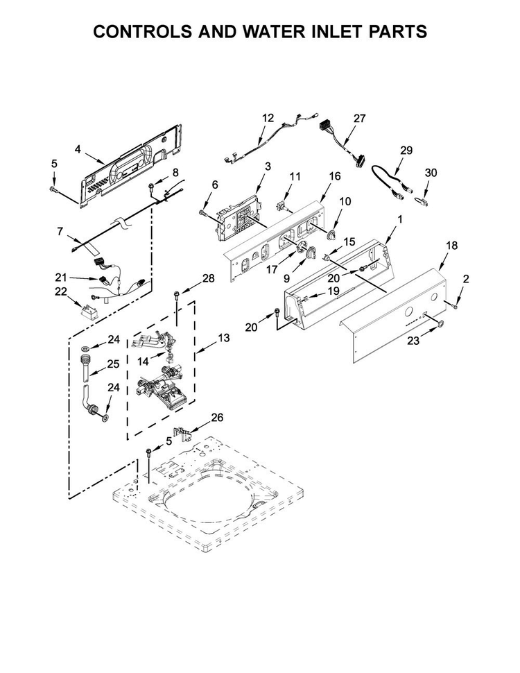 Controls And Water Inlet Parts Diagram and Parts List for QCAE2735FQ0  Whirlpool Washer