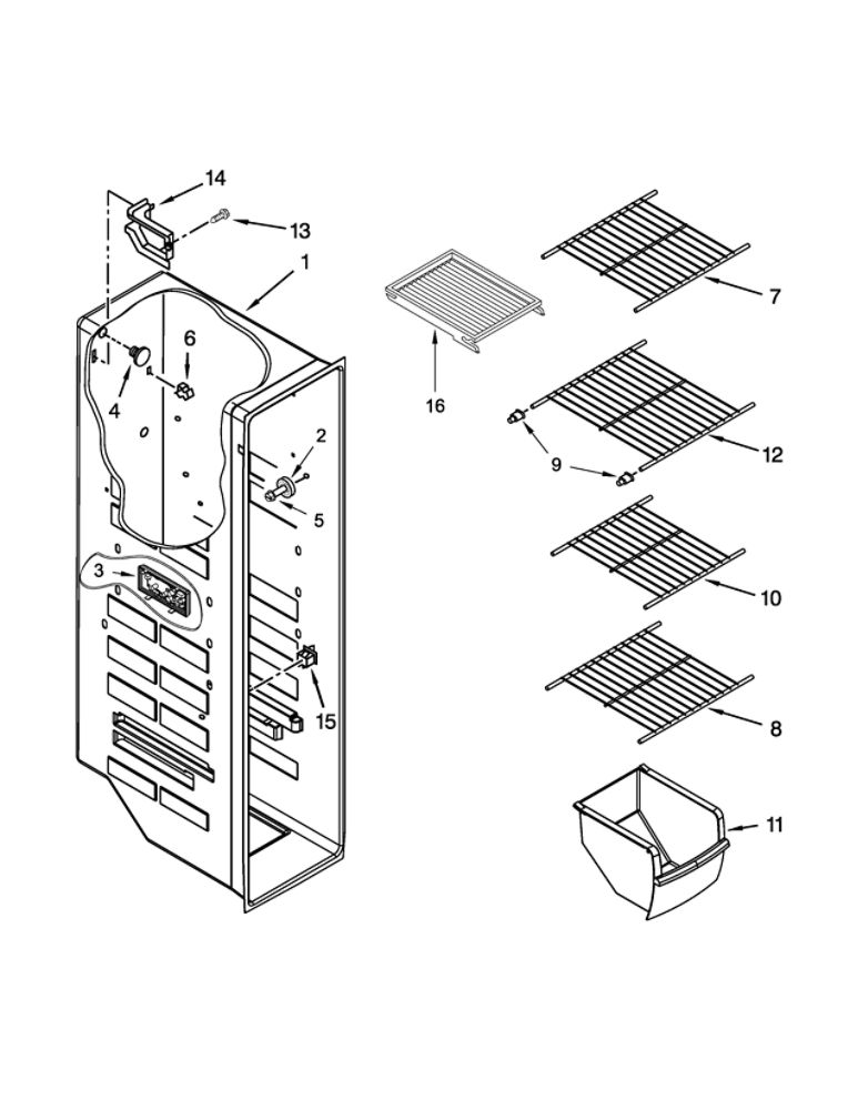 Freezer Liner Parts Diagram and Parts List for 8WRS25KNBF02  Whirlpool Refrigerator