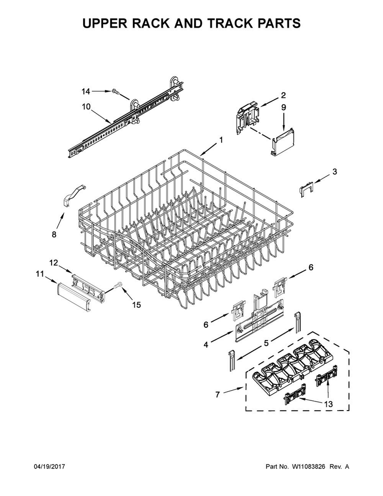 Upper Rack And Track Parts Diagram and Parts List for KDTE204EPA4  KitchenAid Dishwasher