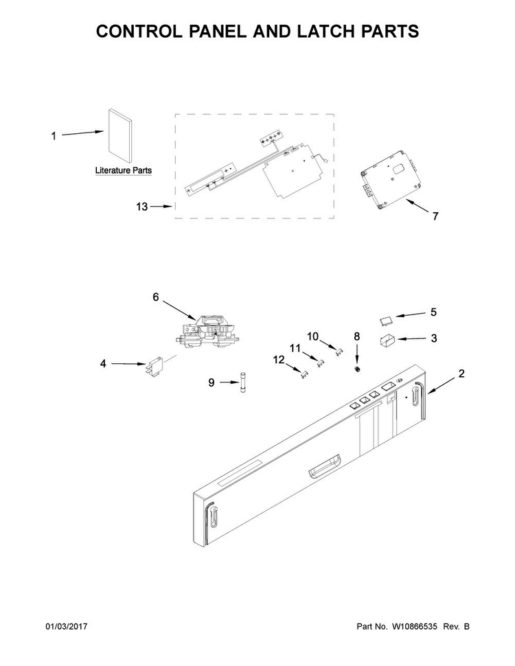 Control Panel And Latch Parts Diagram and Parts List for UDT518SAFP0  Whirlpool Dishwasher