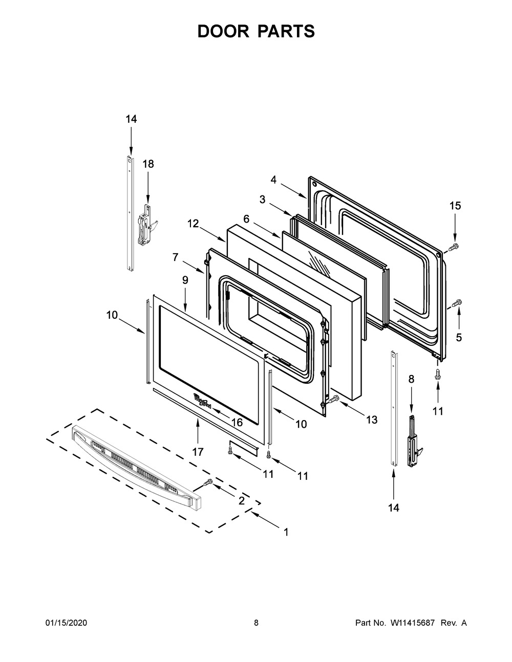 Door Parts Diagram and Parts List for YWFE535S0JV0  Whirlpool Range